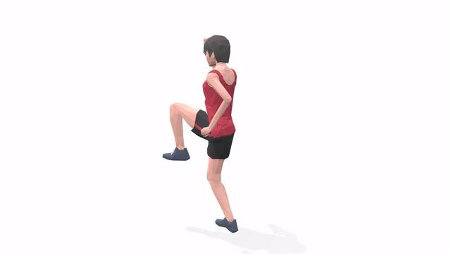 Woman exercise animation 3d model on a white background in the t-shirt. Low Poly Style. Turntable camera view