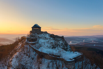 Salgótarján, Salgóbánya - Hungary - Amazing aerial view of Castle of Salgó with splendid winter morning sunrise.