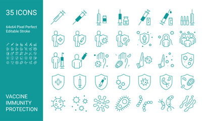 Vector icon set with vaccines, vaccination, immunity, protection against viruses. 64x64 Pixel Perfect. Editable Stroke.