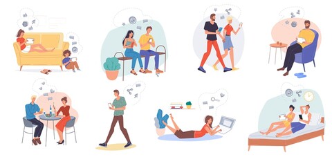 Set of cartoon flat characters surfing internet indoor and outdoor-different poses,places,people,gadgets and devices. Web online, site design concept