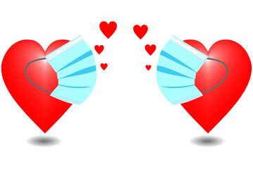 Valentine's day concept on the pandemic. Two wearing red heart surgical masks