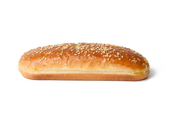 baked oval hot dog bun, baked goods sprinkled with sesame seeds