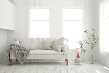 White living room with sofa. Scandinavian interior design. 3D illustration