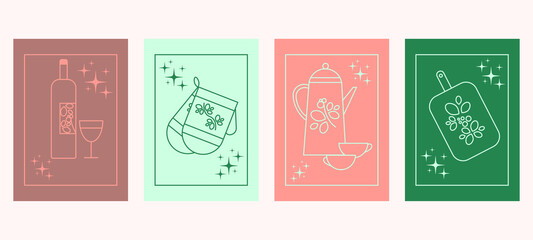Vector set of four kitchen posters. They depict wine, potholders, kettle and cutting board.