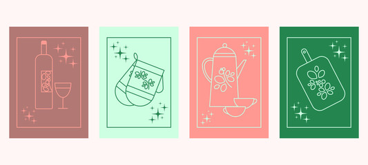 Vector set of four kitchen posters. They depict wine, potholders, kettle and cutting board.