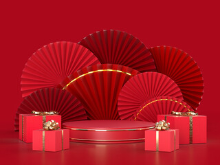 Paper fan medallion chinese new year decoration with podium on background. Concept of Happy Chinese New Year festival background. 3D rendering