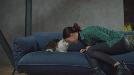 Joyful affectionate pretty female pet owner head bumping , playing with adorable one eyed domestic male cat, seated on sofa in relaxed posture, showing strong bond, trust and care.