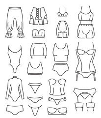 Women`s underwear evolution. Thin line design. Vector illustration icon set