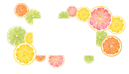 シトラスの輪切りの水彩イラスト。オレンジ、レモン、グレープフルーツ、ライムのフレームデザイン。