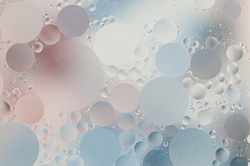 Oil with water round different sizes bubbles in pink and blue light tones blur effect macro