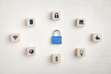 Padlock with a wooden cubes. Data protection. Internet. Technology