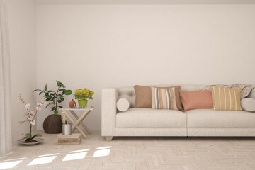 White living room with sofa. Scandinavian interior design. 3D illustration