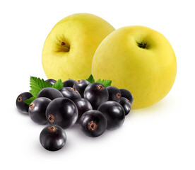 two yellow apples and black currant, isolated on a white background.