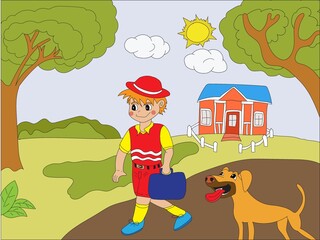 
children's book illustration of a child going to school carrying a bag