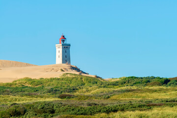 Fototapeta na wymiar Die Küstenlandschaft an der Jammerbucht in Dänemark. Im Hintergrund der Leuchtturm von Rubjerg Knude.