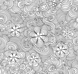 Beautiful abstract vector seamless pattern with handwritten curling lines, doodles and flowers