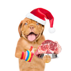 Puppy wering red santa hat holds bowl of raw meat and shows thumbs up gesture. isolated on white background