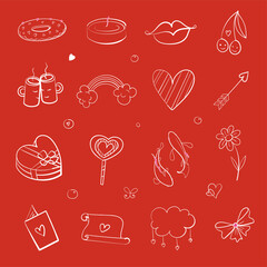 Hand drawn sketchy doodles for love and Valentine s Day objects and signs. Typography and callygraphy