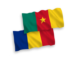 National vector fabric wave flags of Romania and Cameroon isolated on white background. 1 to 2 proportion.