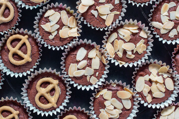 Flat lay pictures food or cake, brownies chocolate flavor, delicious sweet is dessert homemade cooking.