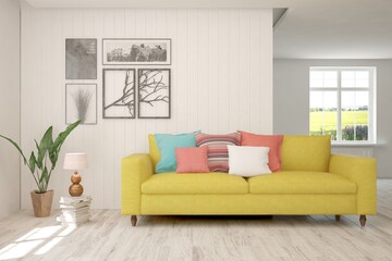 Fototapeta premium White living room with sofa. Scandinavian interior design. 3D illustration