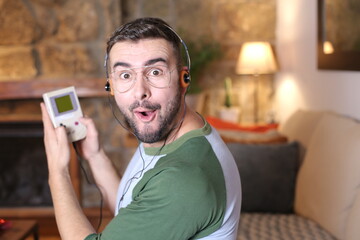 Retro guy gaming with headphones 
