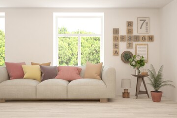 White living room with sofa and summer landscape in window. Scandinavian interior design. 3D illustration