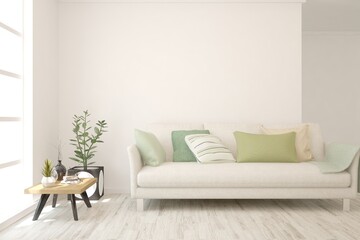 White living room with sofa. Scandinavian interior design. 3D illustration