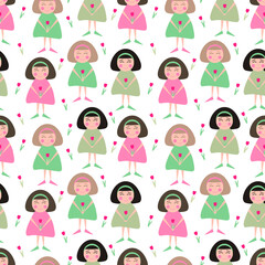 Vector seamless pattern with cute girls and pink tulips in flat style on a white background. Design element for greeting postcard, poster, wallpaper, print, textile, packing. Child characters.