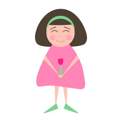 Isolated vector smiling girl with pink tulip in flat style on a white background. Design element for postcard, poster, wallpaper, print, textile, packing, background. Illustration with child.