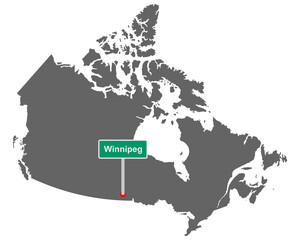 Landkarte von Kanada mit Ortsschild von Winnipeg
