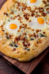 Flatbread pizza with meatballs, marinara sauce, Parmesan cheese and fresh Italian parsley. Classic American or Italian restaurant favorite. Homemade pizza dough with sauces, meats and cheeses.