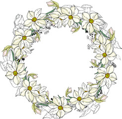 Round frame with pretty daffodils. Festive floral circle for your season design.