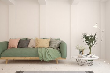 White living room with sofa. Scandinavian interior design. 3D illustration