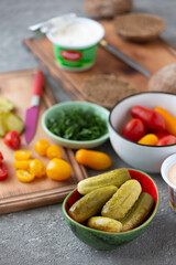 Vegetables and spread for vegan sandwiches, close up