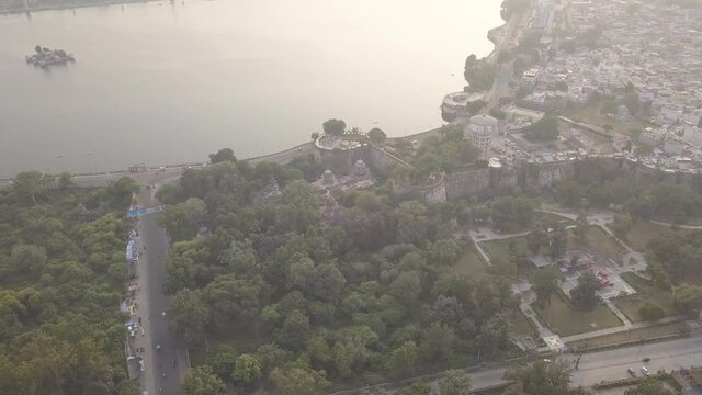 Drone aerial view from lucky burj, kishore sagar talab, kota city panoramic view. Raw video. without edit video.