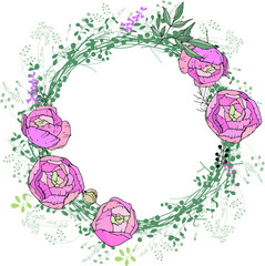 Round frame with pretty pink roses and modest wild herbs. Festive floral circle for your season design.