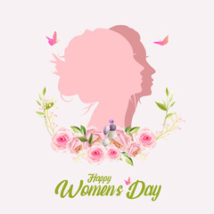 Happy Women's Day! Silhouette of a woman face with flowers petals and leaves. 8 march, Invitation card copy space. vector illustration.