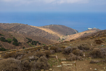 View of the coastline of the island Folegandros, Greece.