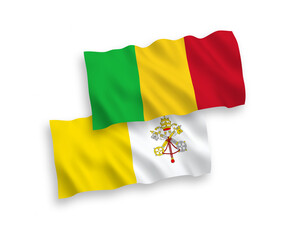 Obraz premium National vector fabric wave flags of Vatican and Mali isolated on white background. 1 to 2 proportion.