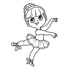 Сute cartoon little ballerina girl dancing on one leg outlined for coloring isolated on a white background