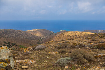 View of the coastline of the island Folegandros, Greece.