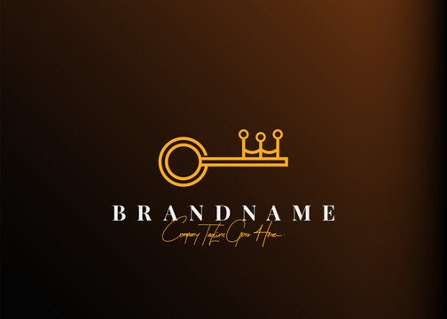 Key crown logo design. Vector illustration of abstract combination key and crown. Vintage logo design vector line icon template