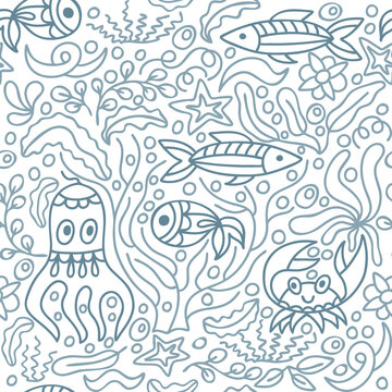 Outline underwater animal seamless pattern isolated on white. Sketch hand drawing art line. Sea life. Vector stock illustration. EPS 10