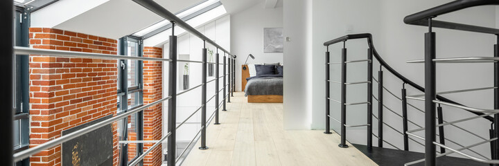 Corridor in modern loft apartment, panorama - obrazy, fototapety, plakaty