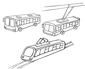Set of outline pictures of public transport, bus and trolleybus. Electric tram transport. Hand-drawn isolated contour objects on a white background. Doodle.
