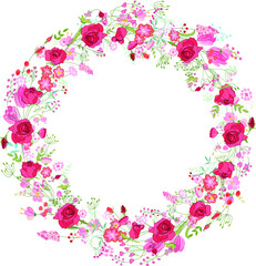 Round frame with pretty pink and red roses. Festive floral circle for your season design.