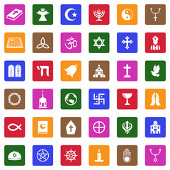 Religion Icons. White Flat Design In Square. Vector Illustration.