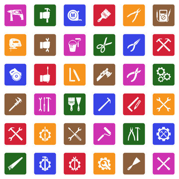 Repairman Icons. White Flat Design In Square. Vector Illustration.