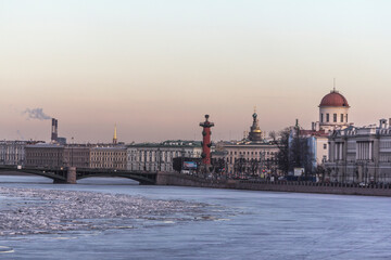 Naklejka premium Strelka of Vasilievsky island, Rostral column, Exchange bridge, Makarov Embankment in St. Petersburg in winter